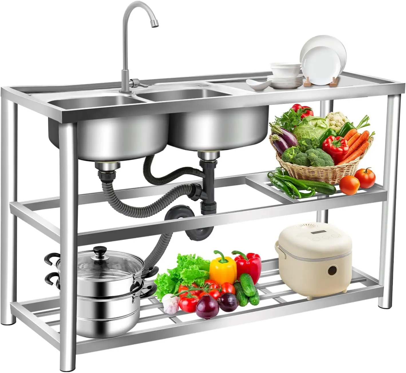 Commercial Kitchen Double Sink - Трехъярусная отдельностоящая мойка из нержавеющей стали,